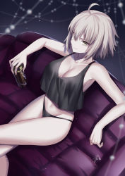 Rule 34 | 1girl, ahoge, black panties, black shirt, blurry, blurry background, breasts, can, cleavage, couch, dark background, drink, fate/apocrypha, fate/grand order, fate (series), feet out of frame, gogatsu fukuin, highres, holding, holding can, jeanne d&#039;arc (fate), jeanne d&#039;arc alter (avenger) (fate), jeanne d&#039;arc alter (fate), large breasts, panties, reclining, shirt, short hair, silver hair, smile, solo, tsurime, underwear, yellow eyes