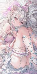 Rule 34 | 1girl, absurdres, ass, bare shoulders, blush, bow, bra, breasts, commentary, detached collar, double bun, garter straps, grey hair, hair between eyes, hair bow, hair bun, high heels, highres, hiyori (momoko), jewelry, long hair, looking at viewer, lying, medium breasts, momoko (momopoco), nail polish, necklace, on side, original, parted lips, pink eyes, purple bow, purple bra, sidelocks, solo, symbol-only commentary, underwear