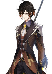Rule 34 | 1boy, black gloves, brown hair, closed mouth, earrings, formal, genshin impact, gloves, highres, jacket, jewelry, long sleeves, looking at viewer, male focus, multicolored hair, necktie, pants, polearm, ponytail, shirt, simple background, single earring, solo, spear, suit, tassel, tassel earrings, weapon, white background, xter, yellow eyes, zhongli (genshin impact)