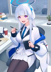 Rule 34 | 1girl, absurdres, black pantyhose, blue archive, blue necktie, blunt bangs, book, chair, coffee cup, collared shirt, computer, cup, disposable cup, goyuen, grey hair, halo, headgear, headphones, highres, holding, holding book, holding pen, indoors, jacket, jacket partially removed, laptop, long hair, looking at viewer, mechanical halo, necktie, noa (blue archive), office chair, open mouth, pantyhose, pen, pile of books, plant, potted plant, purple eyes, rain, shirt, sitting, skirt, solo, swivel chair, two-sided fabric, two-sided jacket, white hair, white jacket, white shirt, white skirt, window