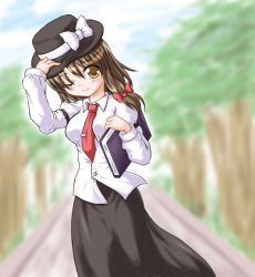 Rule 34 | 1girl, alley, black skirt, book, bow, breasts, brown eyes, brown hair, cowboy shot, day, fedora, female focus, ghostly field club, hair ribbon, hat, holding, inasaki shirau, long sleeves, looking at viewer, necktie, one eye closed, outdoors, plant, red necktie, ribbon, shirt, skirt, smile, solo, standing, touhou, tree, usami renko, white shirt, wink, yellow eyes