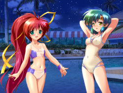 Rule 34 | 2girls, aoi sora no neosphere, armpits, arms behind head, arms up, bikini, blush, breasts, flat chest, game cg, green eyes, hair tubes, komatsu eiji, long hair, multiple girls, nanoca flanka, nipples, noki welkin, open mouth, ponytail, pussy, red hair, ribbon, see-through, small breasts, swimsuit, third-party edit, uncensored, very long hair