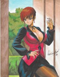 Rule 34 | 1girl, 2022, artist name, breasts, brown eyes, brown hair, cleavage, earrings, highres, jewelry, large breasts, long skirt, nail polish, ravernclouk design, shiny skin, short hair, side slit, skirt, smile, snk, the king of fighters, thighs, vice (kof)