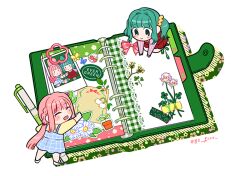 Rule 34 | 2girls, :&gt;, :d, aqua hair, blanket w, blue dress, blunt bangs, blush, blush stickers, bow, braid, bug, butterfly, cactus, chibi, closed eyes, clover, clover (flower), diary, dress, eyes visible through hair, flower, flower pot, food, four-leaf clover, fruit, full body, futaba sana, green eyes, hair ornament, hair scrunchie, hand rest, insect, kneeling, long hair, long sleeves, low ponytail, magia record: mahou shoujo madoka magica gaiden, mahou shoujo madoka magica, medium hair, mini person, minigirl, multiple girls, official alternate costume, on book, open mouth, pen, pink bow, pink hair, pink shirt, plaid, plaid dress, polaroid, red dress, ribbed shirt, scrunchie, shirt, shirt under dress, shoes, side braid, sidelocks, simple background, smile, standing, sticky note, strawberry, tamaki iroha, tape, twintails, very long hair, wavy hair, white background, white flower, white footwear, yellow scrunchie, yellow shirt