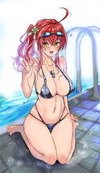 Rule 34 | 1girl, :d, azur lane, bikini, black bikini, blush, breasts, cleavage, goggles, goggles on head, hair between eyes, hair ornament, heart, hey taisyou, highres, long hair, navel, open mouth, pool, poolside, red hair, side ponytail, sitting, sketch, smile, solo, swimsuit, teeth, wariza, wet, whistle, whistle around neck, yellow eyes, zara (azur lane), zara (poolside coincidence) (azur lane)