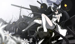 Rule 34 | 10s, 1girl, abyssal ship, anchorage water oni, black hair, colored skin, dress, horns, kantai collection, long hair, red eyes, solo, undeedking, white skin