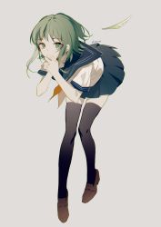 Rule 34 | 1girl, absurdres, alternate costume, black thighhighs, blue sailor collar, blue skirt, blunt bangs, brown footwear, commentary request, covering own mouth, covering privates, dot nose, eyes visible through hair, fingernails, floating, full body, green eyes, green hair, grey background, gumi, highres, interlocked fingers, leaning, leaning forward, light smile, loafers, neckerchief, orange neckerchief, own hands clasped, own hands together, pleated skirt, sailor collar, school uniform, shirt, shoes, short hair, short hair with long locks, short sleeves, sidelocks, simple background, skirt, solo, thighhighs, uniform, vocaloid, white shirt, zettai ryouiki, zhibuji loom