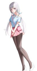 Rule 34 | 1girl, absurdres, asumi sena, bag, black pantyhose, blue shirt, blunt bangs, blush, closed mouth, collarbone, dutch angle, feet out of frame, handbag, high heels, highres, long hair, looking at viewer, low twintails, miniskirt, off-shoulder shirt, off shoulder, pantyhose, pink eyes, pink skirt, pleated skirt, pumps, satou2019, shirt, simple background, skirt, solo, standing, twintails, very long hair, virtual youtuber, vspo!, white background, white footwear, white hair