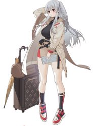 Rule 34 | 1girl, arm up, belt, black belt, black shirt, black socks, blouse, breasts, brown coat, buttons, coat, full body, grey hair, hair between eyes, holding, kurumi (recycllamo), long sleeves, looking at viewer, luggage, miniskirt, open clothes, open coat, original, pouch, red eyes, rolling suitcase, shirt, shoes, sidelocks, simple background, skirt, sneakers, socks, solo, standing, suitcase, turtleneck, umbrella, white background