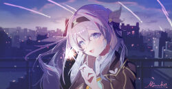 Rule 34 | 1girl, :d, absurdres, black hairband, black jacket, black ribbon, blue pupils, blush, bow, building, cityscape, cloud, collared shirt, crossed bangs, dot nose, evening, firefly (honkai: star rail), fireworks, floating hair, from side, grey eyes, grey hair, hair bow, hair intakes, hair ribbon, hairband, hand up, highres, holding fireworks, honkai: star rail, honkai (series), jacket, long hair, looking at viewer, neckerchief, night, night sky, open mouth, orange neckerchief, outdoors, railing, ribbon, shirt, shooting star, sidelocks, signature, sky, skyline, smile, solo, sparkler, upper body, white bow, white shirt, wusubamineko