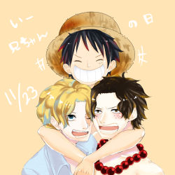 Rule 34 | 3boys, blonde hair, brothers, freckles, hat, highres, hrk95712, male focus, monkey d. luffy, multiple boys, one piece, portgas d. ace, sabo (one piece), scar, siblings, smile, straw hat