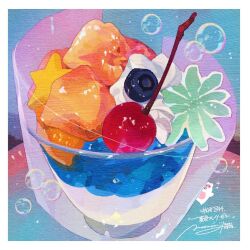 Rule 34 | bad source, blue background, border, bubble, cherry, commentary, commentary request, english commentary, food, food focus, fruit, glass, mixed-language commentary, momiji mao, no humans, orange (fruit), orange slice, original, signature, starfruit, whipped cream, white border