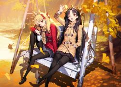 Rule 34 | 2girls, autumn, bench, black hair, black legwear, blonde hair, bow, chain, ereshkigal (fate), fate/grand order, fate (series), full body, hair bow, holding, holding leaf, ishtar (fate), ishtar (fate), knee up, leaf, long hair, long sleeves, looking at viewer, mandrill, multiple girls, one eye closed, pantyhose, plaid, plaid scarf, pleated skirt, red eyes, scarf, shadow, shoes, sitting, skirt, swing, tree