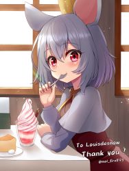 Rule 34 | 1girl, animal ears, cake, capelet, commission, eating, food, grey hair, highres, ice cream, indoors, long sleeves, looking at viewer, mol fire893, mouse ears, mouse girl, nazrin, plate, pocky, red eyes, short hair, skeb commission, solo, spoon, sundae, touhou, upper body, utensil in mouth, white capelet, window