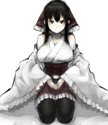 Rule 34 | 1girl, alternate costume, bare shoulders, black eyes, black hair, black pantyhose, bow, breasts, closed mouth, commentary request, cup, detached sleeves, full body, hair bow, hakurei reimu, high-waist skirt, highres, holding, holding cup, japanese clothes, kimono, large breasts, looking at viewer, mang zhu, medium hair, miko, own hands together, pantyhose, red bow, seiza, sidelocks, simple background, sitting, skirt, smile, solo, touhou, white background, white kimono, wide sleeves