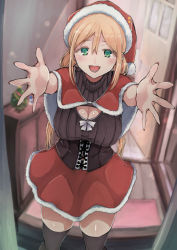 Rule 34 | 1girl, bad id, bad nicoseiga id, black thighhighs, blonde hair, breasts, capelet, christmas, cleavage, cleavage cutout, clothing cutout, commentary request, entrance, green eyes, hair between eyes, hat, large breasts, looking at viewer, open mouth, original, outstretched arms, reaching, reaching towards viewer, ribbed sweater, santa costume, santa hat, solo, sweater, thighhighs, yukiguni yuu