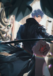 Rule 34 | 2boys, absurdres, black coat, blue hair, closed mouth, coat, collared coat, command spell, commentary request, fate/grand order, fate (series), film grain, fujimaru ritsuka (male), highres, holding, holding sword, holding weapon, katana, light particles, looking back, male focus, multiple boys, nhwe5525, orange eyes, out of frame, saitou hajime (fate), scabbard, sheath, short hair, smile, solo focus, sword, twitter username, weapon