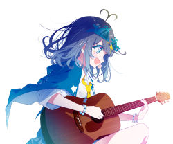 Rule 34 | 1girl, :d, absurdres, ahoge, blue eyes, blue hair, blush, bracelet, capelet, collared shirt, commentary request, eyewear on head, facepaint, guitar, highres, ichijo rei, indie virtual youtuber, instrument, jewelry, kuzisaki, looking to the side, music, necktie, open mouth, pearl bracelet, playing instrument, seashell, shell, shell hair ornament, shirt, short hair, simple background, sitting, sleeves rolled up, smile, solo, sunglasses, virtual youtuber, white background, white shirt, yellow necktie