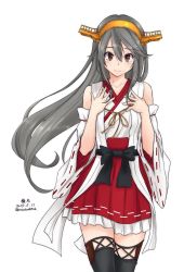 Rule 34 | 1girl, bare shoulders, boots, brown eyes, character name, cowboy shot, dated, detached sleeves, grey hair, hair ornament, hairclip, hakama, hakama short skirt, hakama skirt, hands on own chest, haruna (kancolle), highres, japanese clothes, kantai collection, long hair, looking at viewer, nontraditional miko, red skirt, simple background, skirt, smile, solo, thigh boots, thighhighs, timato, twitter username, white background