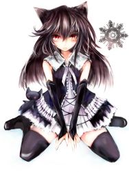 Rule 34 | 1girl, animal ears, arms between legs, ascot, bare shoulders, bridal gauntlets, cyl, detached sleeves, dot heit, dress, frown, gothic lolita, lolita fashion, long hair, looking at viewer, mascot, personification, red eyes, simple background, sitting, slit pupils, snowflakes, solo, steam (platform), wariza, white background