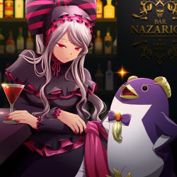 Rule 34 | 1girl, bar (place), bird, blonde hair, commentary request, dress, eclair ecleir eicler, frilled dress, frills, frown, gothic lolita, k-ta, lolita fashion, long hair, long sleeves, nail polish, overlord (maruyama), penguin, ponytail, red eyes, red nails, shalltear bloodfallen, silver hair, slit pupils