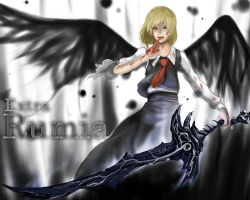 Rule 34 | 1girl, bad id, bad pixiv id, black wings, blonde hair, blood, embodiment of scarlet devil, ex-rumia, female focus, grey background, licking, licking finger, necktie, red eyes, ross (clumzero), rumia, short hair, solo, standing, sword, tongue, touhou, weapon, white background, wings