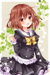 Rule 34 | 10s, 1girl, :d, adapted costume, alternate costume, anchor symbol, arm at side, black skirt, blush, bow, bowtie, brown eyes, brown hair, buttons, clover, commentary request, cowboy shot, double-breasted, ears visible through hair, fang, frilled shirt collar, frilled skirt, frilled sleeves, frills, hair between eyes, hair ornament, hairclip, ikazuchi (kancolle), index finger raised, juliet sleeves, kantai collection, long sleeves, looking at viewer, matching hair/eyes, nogi takayoshi, open mouth, puffy sleeves, skirt, smile, solo, tareme, yellow bow, yellow bowtie