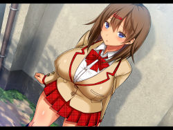 Rule 34 | 1girl, blue eyes, blush, bow, bowtie, breasts, brown hair, hair ornament, hairclip, highres, large breasts, looking at viewer, original, plaid, plaid skirt, pleated skirt, red bow, red skirt, school uniform, shiny skin, short hair, skirt, solo, tsukumiya amane