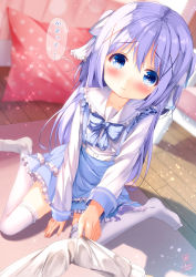 Rule 34 | 1girl, blue eyes, blue hair, blue skirt, blurry, blurry background, blush, chinomaron, closed mouth, clothes grab, commentary request, depth of field, frilled sailor collar, frilled skirt, frills, gochuumon wa usagi desu ka?, hair between eyes, hair ornament, highres, indoors, kafuu chino, layered skirt, long hair, long sleeves, looking at viewer, no shoes, pillow, sailor collar, shirt, sitting, skirt, sleeve grab, sleeves past wrists, solo focus, suspender skirt, suspenders, thighhighs, translated, very long hair, wariza, white sailor collar, white shirt, white thighhighs, wooden floor, x hair ornament
