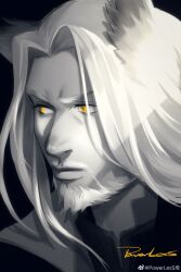 Rule 34 | 1boy, absurdres, arknights, beard, facial hair, full beard, greyscale, hellagur (arknights), highres, looking ahead, male focus, mature male, monochrome, portrait, powerlesssong, serious, solo, thick beard, thick eyebrows, tsurime, yellow eyes