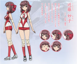 Rule 34 | 10s, 1girl, brown eyes, brown hair, character sheet, concept art, elbow pads, expressions, girls und panzer, headband, knee pads, kondou taeko, official art, red shorts, red socks, shirt, shoes, short hair, short shorts, shorts, sleeveless, sleeveless shirt, sneakers, socks, solo, sportswear, standing, sugimoto isao, volleyball uniform, white footwear