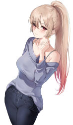 Rule 34 | 1girl, bare shoulders, blonde hair, blue legwear, blue shirt, blush, closed mouth, collarbone, denim, emyo, gradient hair, highres, jeans, long hair, long sleeves, looking at viewer, mole, mole under eye, multicolored hair, original, pants, ponytail, red eyes, shirt, simple background, smile, solo, spaghetti strap, white background