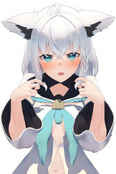Rule 34 | 1girl, ahoge, animal ear fluff, animal ears, aqua eyes, blue neckerchief, blush, braid, breasts, detached sleeves, earrings, ears down, fang, fox ears, fox girl, hands up, highres, hololive, hood, hoodie, jewelry, long hair, long sleeves, looking at viewer, navel, neckerchief, open mouth, playing with own hair, shirai yu, shirakami fubuki, shirakami fubuki (1st costume), side braid, sidelocks, simple background, single earring, skin fang, solo, virtual youtuber, white background, white hair, white hoodie, white sleeves, wide sleeves