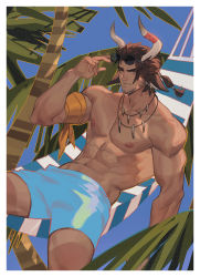 Rule 34 | 1boy, abs, amo (amo9612), animal ears, arknights, bara, blue male swimwear, blue swim trunks, brown eyes, brown hair, cow boy, cow ears, cow horns, cowboy shot, hammock, highres, horns, looking at viewer, male focus, male swimwear, matterhorn (arknights), matterhorn (beach guard) (arknights), mature male, muscular, muscular male, navel, nipples, pectorals, solo, sunglasses, swim trunks, swimsuit