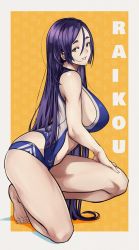 Rule 34 | 1girl, absurdres, blue one-piece swimsuit, breasts, character name, eyebrows, fate/grand order, fate (series), highres, kneeling, kobi420, long hair, minamoto no raikou (fate), navel, one-piece swimsuit, purple eyes, purple hair, sideboob, smile, swimsuit, toes, very long hair, yellow background