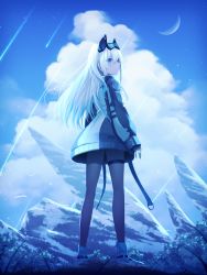 Rule 34 | 1girl, absurdres, blue eyes, from behind, gloves, goggles, goggles on head, hair between eyes, headgear, highres, jacket, long hair, mountainous horizon, original, outdoors, pantyhose, sakakidani, solo, standing, thigh strap, white hair