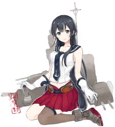 Rule 34 | 10s, 1girl, agano (kancolle), black hair, blush, gloves, green eyes, kantai collection, long hair, looking at viewer, open mouth, personification, school uniform, simple background, single thighhigh, skirt, smile, solo, thighhighs, urahara, white gloves