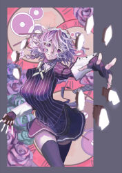 Rule 34 | 1girl, aiming, arm belt, between fingers, border, braid, clock, closed mouth, colored eyelashes, cowboy shot, dagger, empty eyes, fingerless gloves, flower, gloves, highres, holding, holding knife, holding weapon, izayoi sakuya, knife, knives between fingers, koumajou densetsu, kusa (adrian1119), lace, lace-trimmed shirt, lace-trimmed skirt, lace trim, long sleeves, maid headdress, outstretched arm, purple eyes, purple gloves, purple hair, purple shirt, purple skirt, purple thighhighs, reaching, ribbon, roman numeral, rose, shirt, short hair, sketch, skirt, solo, striped clothes, striped ribbon, striped shirt, thighhighs, throwing knife, touhou, twin braids, vertical stripes, weapon