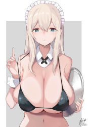 Rule 34 | 1girl, absurdres, bikini, black bikini, breasts, cleavage, commentary request, dated, detached collar, expressionless, green eyes, hair between eyes, highres, holding, holding tray, large breasts, light brown hair, looking at viewer, maid, maid headdress, micro bikini, navel, original, parted lips, signature, simple background, skindentation, solo, swimsuit, tray, upper body, white background, wrist cuffs, yuzuki himuka