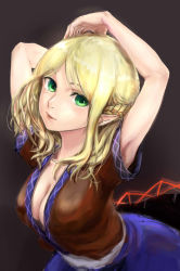 Rule 34 | 1girl, absurdres, arms up, blonde hair, braid, breasts, center opening, cleavage, female focus, green eyes, highres, iizuka hiro, large breasts, looking at viewer, mizuhashi parsee, parted lips, pointy ears, shirt, short hair, short sleeves, simple background, skirt, solo, touhou, upper body