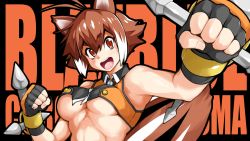 Rule 34 | 1girl, animal ears, antenna hair, bare shoulders, blazblue, blazblue: chronophantasma, blush, breasts, brown hair, cleavage, clenched hands, crop top, fingerless gloves, gloves, highres, makoto nanaya, multicolored hair, open mouth, red eyes, revealing clothes, sakula, short hair, solo, squirrel ears, squirrel tail, tail, tonfa, two-tone hair, underboob, upper body, weapon