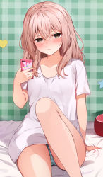 Rule 34 | 1girl, absurdres, arm support, bare legs, bed sheet, blush, borrowed clothes, brown eyes, cellphone, closed mouth, commentary, frown, heart, highres, holding, holding phone, inui sajuna, knee up, looking at viewer, on bed, oversized clothes, panties, phone, pillow, pink hair, plaid, plaid background, racchi., shirt, sitting, smartphone, solo, sono bisque doll wa koi wo suru, star (symbol), striped clothes, striped panties, t-shirt, underwear, white shirt