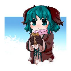 Rule 34 | 1girl, :t, adapted costume, animal ears, blue background, blush, byourou, coat, eating, food, gloves, gradient background, green eyes, green hair, kasodani kyouko, looking at viewer, matching hair/eyes, scarf, short hair, solo, steam, taiyaki, touhou, wagashi