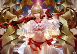 Rule 34 | 1girl, aestus estus, ahoge, artist name, bare shoulders, bikini, bikini top only, blonde hair, breasts, choker, claws, cleavage, criss-cross halter, dcwj, earrings, fate/grand order, fate (series), front-tie top, green eyes, halterneck, hands up, holding, holding sword, holding weapon, jewelry, large breasts, light particles, light smile, lips, looking at viewer, navel, nero claudius (fate), nero claudius (fate) (all), nero claudius (swimsuit caster) (fate), nero claudius (swimsuit caster) (third ascension) (fate), parted lips, red bikini, see-through, short hair, side-tie bikini bottom, solo, standing, stomach, striped bikini, striped bikini top, striped clothes, swimsuit, sword, thigh gap, underboob, w arms, weapon, white choker
