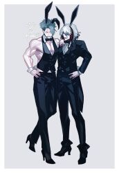 Rule 34 | achilles (fate), alternate costume, animal ears, black bow, black bowtie, black pants, black suit, bow, bowtie, closed eyes, detached collar, fake animal ears, fate/grand order, fate (series), formal, full body, hair between eyes, hand on another&#039;s shoulder, hand on own hip, high heels, male playboy bunny, odysseus (fate), pants, rabbit ears, rabbit tail, sei 8220, signature, simple background, smile, suit, tail, waistcoat, white background, wrist cuffs