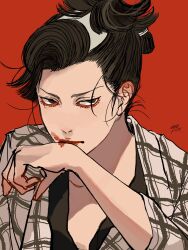 Rule 34 | 1boy, black hair, blood, blood from mouth, blood on hands, brown eyes, chonmage, hand up, highres, japanese clothes, kagoya1219, kimono, looking at viewer, male focus, original, plaid kimono, red background, short hair, signature, simple background, sleeves past elbows, solo, upper body, white kimono, wiping mouth