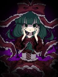 Rule 34 | 1girl, @ @, aura, black background, black nails, blunt bangs, bow, commentary, corset, cowboy shot, dress, frilled dress, frilled ribbon, frills, green eyes, green hair, hair bow, hands on own head, highres, kagiyama hina, light particles, long hair, looking at viewer, nail polish, open mouth, red bow, red dress, red ribbon, ribbon, roamu 65, simple background, sleeves past elbows, solo, symbol-only commentary, touhou, white corset, wide sleeves