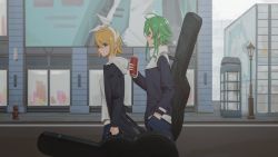 Rule 34 | 2girls, ahoge, aqua eyes, aqua hair, aqua necktie, billboard, black sleeves, blonde hair, blue eyes, blue jacket, blue pants, bow, can, carrying, casual, city, commentary, cowboy shot, detached sleeves, expressionless, fire hydrant, from side, green eyes, green hair, guitar case, gumi, hair bow, hand in pocket, hatsune miku, highres, holding, holding can, holding case, hood, hoodie, instrument case, jacket, kagamine rin, lamppost, looking at viewer, looking to the side, medium hair, multiple girls, necktie, outdoors, pants, phone booth, road, shirt, short hair, standing, street, twintails, vocaloid, walking, white bow, white hoodie, white shirt, wounds404