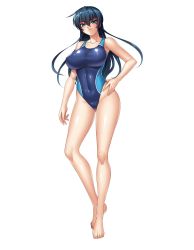 Rule 34 | 1girl, bare legs, bare shoulders, barefoot, blue hair, blue one-piece swimsuit, breasts, covered erect nipples, covered navel, curvy, female focus, fingernails, full body, green eyes, hand on own hip, highres, igawa asagi, kagami hirotaka, large breasts, lilith-soft, long hair, looking at viewer, one-piece swimsuit, parted lips, shiny clothes, shiny skin, simple background, solo, swimsuit, taimanin (series), taimanin asagi, taimanin asagi zero, thighs, white background