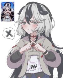 1girl 88_9 animal_ears beret black_hair closed_mouth coralie_(honkai_impact) crossed_fingers dog_ears grey_hair grey_jacket hat highres honkai_(series) honkai_impact_3rd jacket long_hair long_sleeves looking_at_viewer multicolored_hair simple_background solo two-tone_hair upper_body white_background